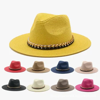 2021 Модерна лятна ежедневни Унисекс плажната триъгълна парусиновая шапка от слънцето в стил джаз с голяма периферия, Панама, сламена шапка, книжен сламена шапка, дамски, мъжки