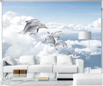 3d тапети по поръчка, синьо небе, бели облаци, морето и делфините, интериор за дневната, 3d стенописи, тапети за стени d 3