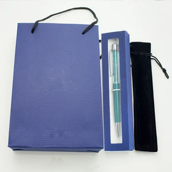 Луксозен кристален дръжка с кутия за писалки и чанта, кадифена торбичка, сватбен подарък, писалка с гравирани с логото