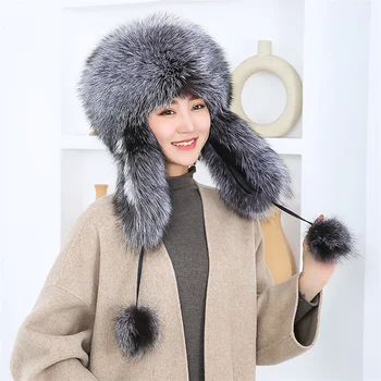 Нова зимна дамска шапка от естествена лисьего кожа, вязаная топла шапка в райе, дамски добре еластична ветрозащитная кожа шапка с уши