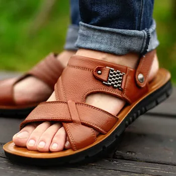 Мъжки кожени сандали 2023, нова лятна класически мъжки обувки, чехли, меки сандали, мъжки римска удобни обувки за ходене, голям размер 48
