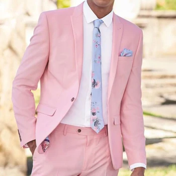 Мъжки костюми, розов елегантен всекидневен сватбен смокинг за младоженеца-2 броя, модерен мъжки блейзър с ревера на една пуговице, оборудвана с костюм, сако, панталони