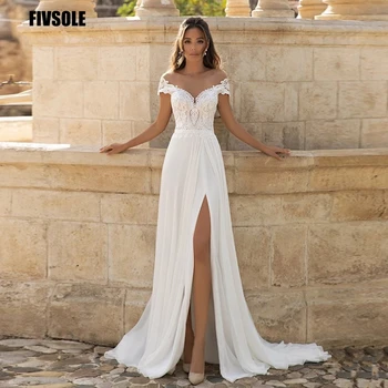Сватбена рокля впечатлява със своя бохемски стил бохо Robe De Mariee шифоновые апликация с цепка отстрани дълги Плажни рокли за булката с прозрачно деколте и ръкави-капачки Плюс размер