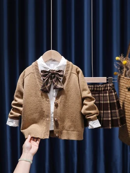 Униформи JK в стил Колеж За момичета, Пролетно-Есенен Детски комплект от 3 теми, Вязаный Пуловер + Блузи с дълъг ръкав + Плиссированная Пола, Детски костюм