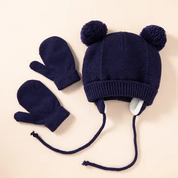 Зимни детски шапки, ръкавици, акрилни възли обикновена шапка с хубав мечка, дебели топли шапки за малки момичета /момчета, за защита на ушите, детска шапчица