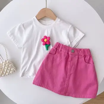 Бебешко розово-Червената фланелка с 3D цветен модел за момичета, Комплект с Розово-Червена пола, Модерен Детски Комплект от две части с къс ръкав, Детски дрехи