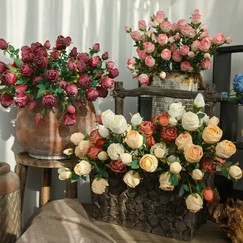 Украса от розова коприна с 5 глави, украса за дома, изкуствен букет на булката, букет за сватбени партита, изкуствени рози