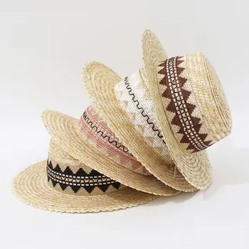 Пролетно-летни шапки, Дамски шапки от естествена слама пшеница с плосък покрив Елегантната плажна шапка за пътуване на Едро