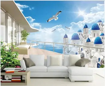 Потребителски фотообои 3d тапети Егейско крайбрежие, сграда, пейзаж на балкона, начало декор, 3d стенописи, тапети за стени, на рула