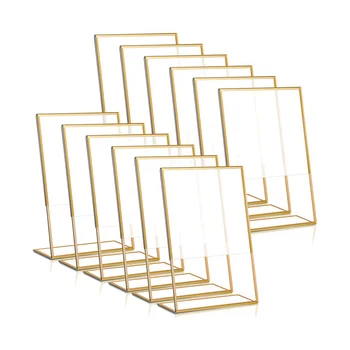 12 бр. акрилен притежател на марката в златна рамка, държач за номера на сватбена маса, наклонена поставка за меню, двустранно поставка, 4x6 инча по вертикал
