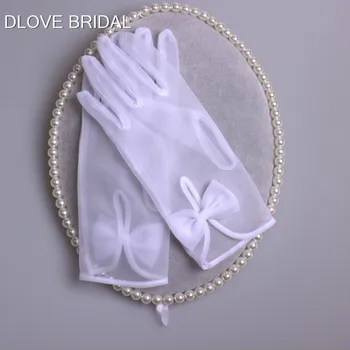 С кратки и прости сватбени ръкавици за младоженци с лък, евтини висококачествени иллюзионные тюлевые ръкавици дълги до китката, в пълен пръст, бяла слонова кост