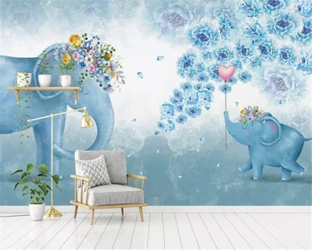 beibehang Обичай размер, скандинавски цвете-слон, ръчно рисувани, детска спалня, на фона на телевизор, хартия за рисуване, 3D тапети behang