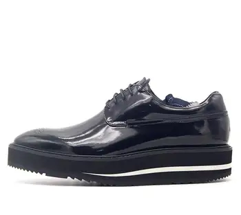 Ръчно изработени обувки на платформа за мъже, естествена кожа, джентльменские обувки дерби на дебелите ток с шнур