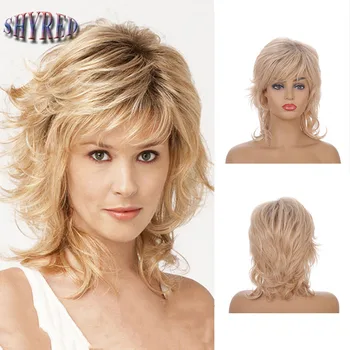 Синтетични перуки, с къси вълнообразен коса с дължина до раменете за жени, топлоустойчива светли перуки с бретон, ежедневни облекла