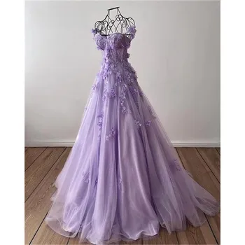 Уважаеми Тюлевое Вечерна рокля Трапецовидна форма с 3D цветя, Лилава Рокля за абитуриентски, Официални тоалети, ръчна изработка