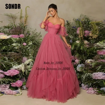 SONDR Розови рокли за бала от тюл трапецовидна форма, вечерна рокля с къс ръкав, официални рокли за официални събития, празнични рокли