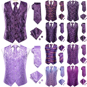 Hi-Tie Люляк, лавандула, лилав копринен мъжка жилетка, комплект от вратовръзка, сако без ръкави, с костюм, жилетка, вратовръзка, шалче, копчета за ръкавели, сватбен оверсайз