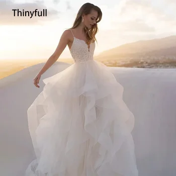 Коварен сватбената рокля на тънки спагети презрамки с аппликацией, на много нива сватбени рокли в стил бохо с V-образно деколте, сватбени рокли за жени 2023, изработени по поръчка