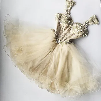 Елегантен коктейл рокля от тюл с цвят шампанско с мъниста за момичета на бала, апликации, набори, сексуална хубава рокля за официални партита, crystal 2023