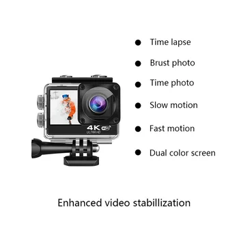 Екшън-камера за 4K 60 кадъра в секунда WiFi със защита от разклащане на DV-камера с двойна екран 170 ° Широка 30-метрова водоустойчива спортна камера