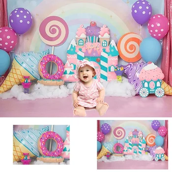 Фон за снимки на 1-ия рожден ден на момиче, сладко, сладолед, замък от бонбони, балон, торта, декоративен фон за една фотосесия, подпори